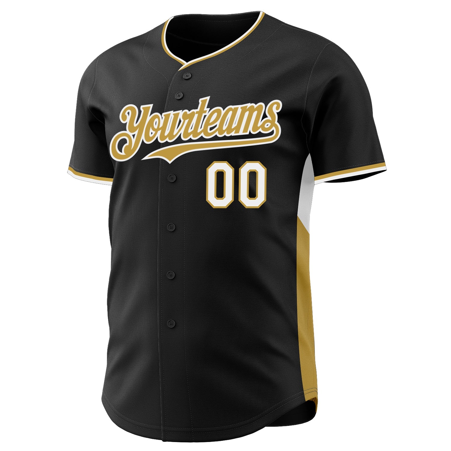Custom Black Old Gold-White Classic Color Block Side Panel Stripe Authentic Baseball Jersey view 2
