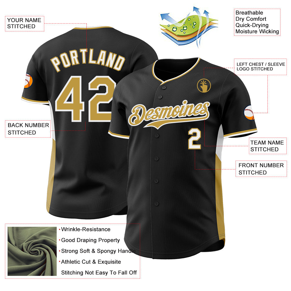 Custom Black Old Gold-White Classic Color Block Side Panel Stripe Authentic Baseball Jersey view 3