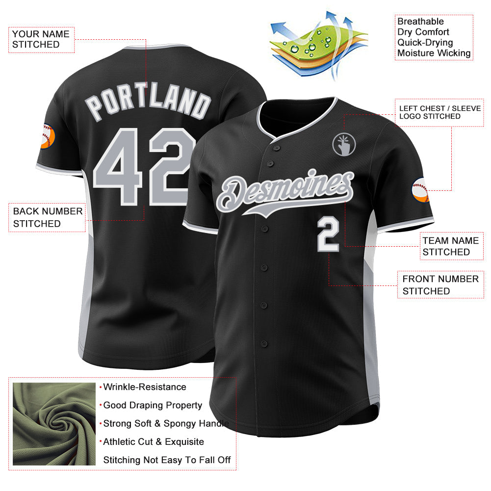 Custom Black Gray-White Classic Color Block Side Panel Stripe Authentic Baseball Jersey view 3