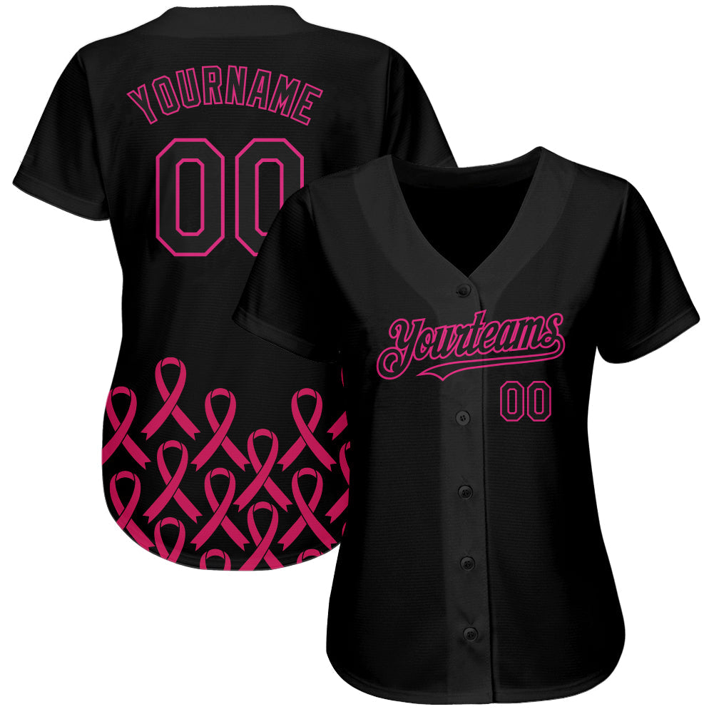 Custom Black Hot Pink 3D Pink Ribbon Breast Cancer Awareness Month Women Health Care Support Authentic Baseball Jersey view 2