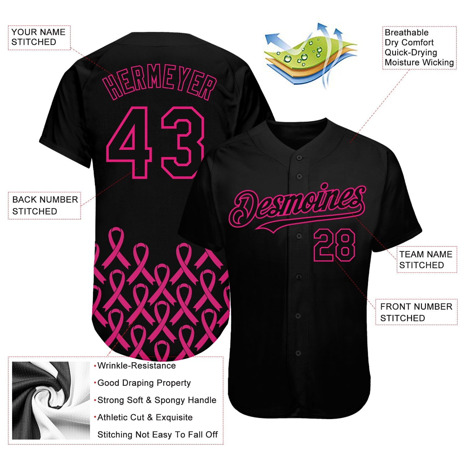 Custom Black Hot Pink 3D Pink Ribbon Breast Cancer Awareness Month Women Health Care Support Authentic Baseball Jersey view 3