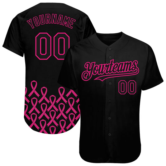 Custom Black Hot Pink 3D Pink Ribbon Breast Cancer Awareness Month Women Health Care Support Authentic Baseball Jersey - Main View