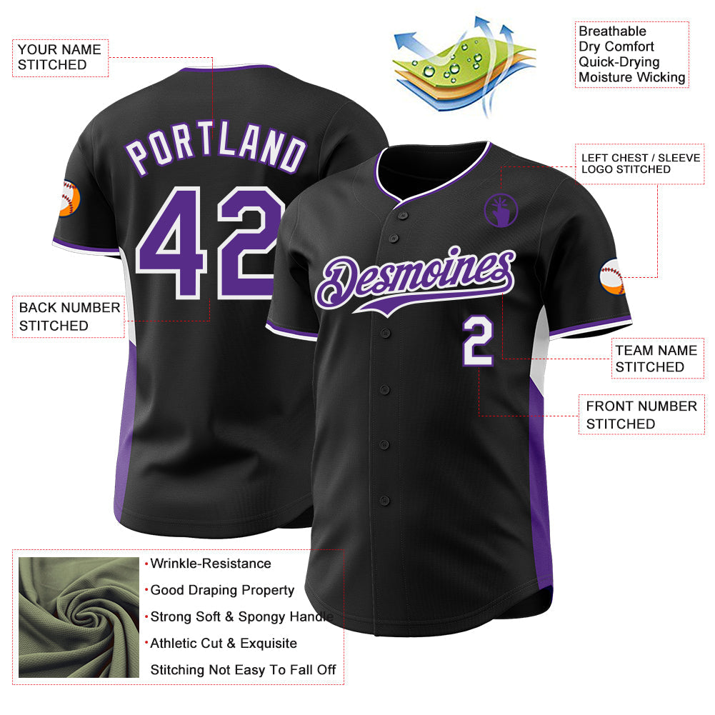 Custom Black Purple-White Classic Color Block Side Panel Stripe Authentic Baseball Jersey view 3