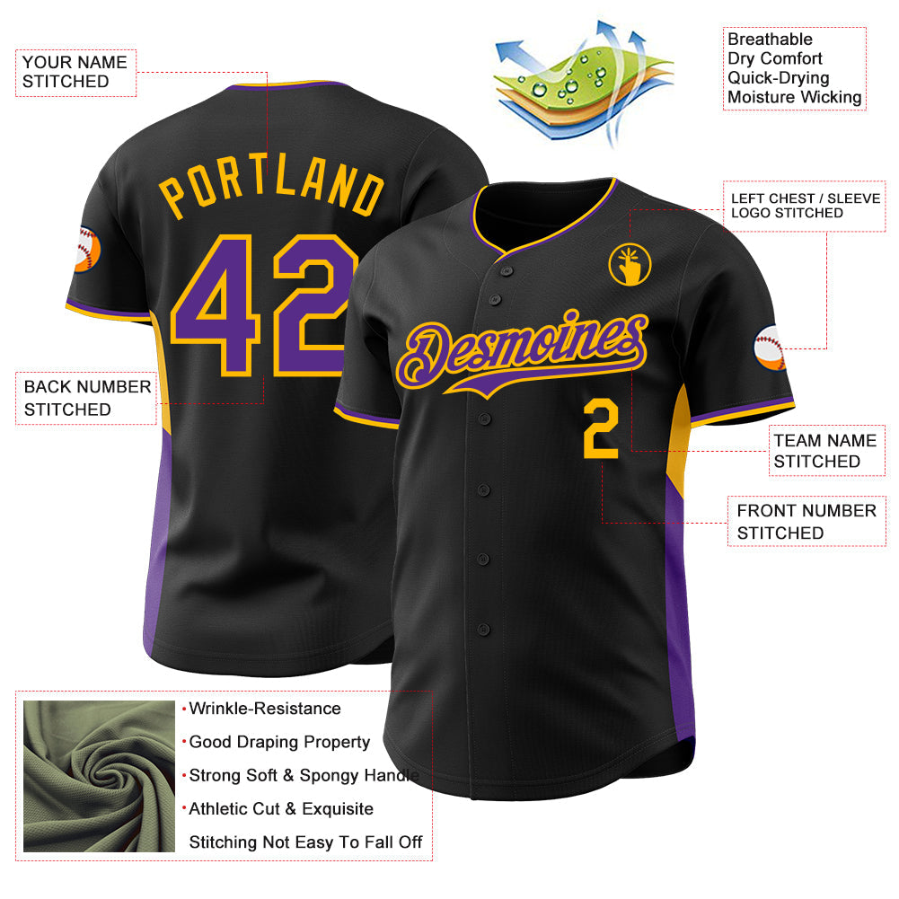 Custom Black Purple-Gold Classic Color Block Side Panel Stripe Authentic Baseball Jersey view 3