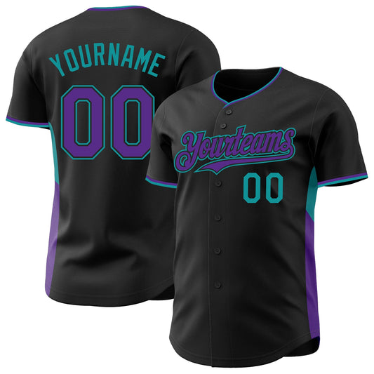 Custom Black Purple-Teal Classic Color Block Side Panel Stripe Authentic Baseball Jersey - Main View