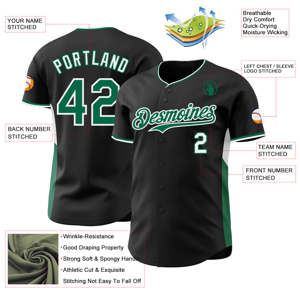 Custom Black Kelly Green-White Classic Color Block Side Panel Stripe Authentic Baseball Jersey view 3