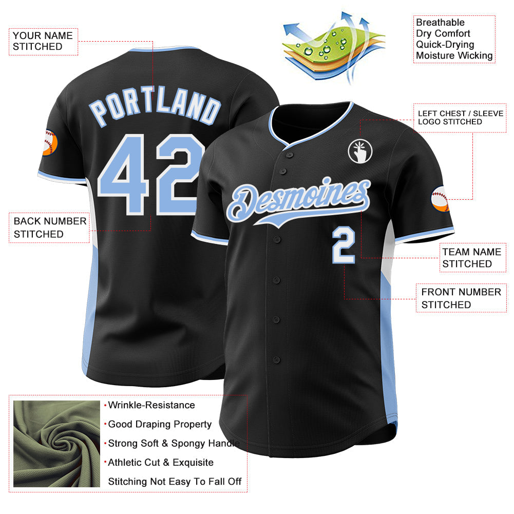 Custom Black Light Blue-White Classic Color Block Side Panel Stripe Authentic Baseball Jersey view 3