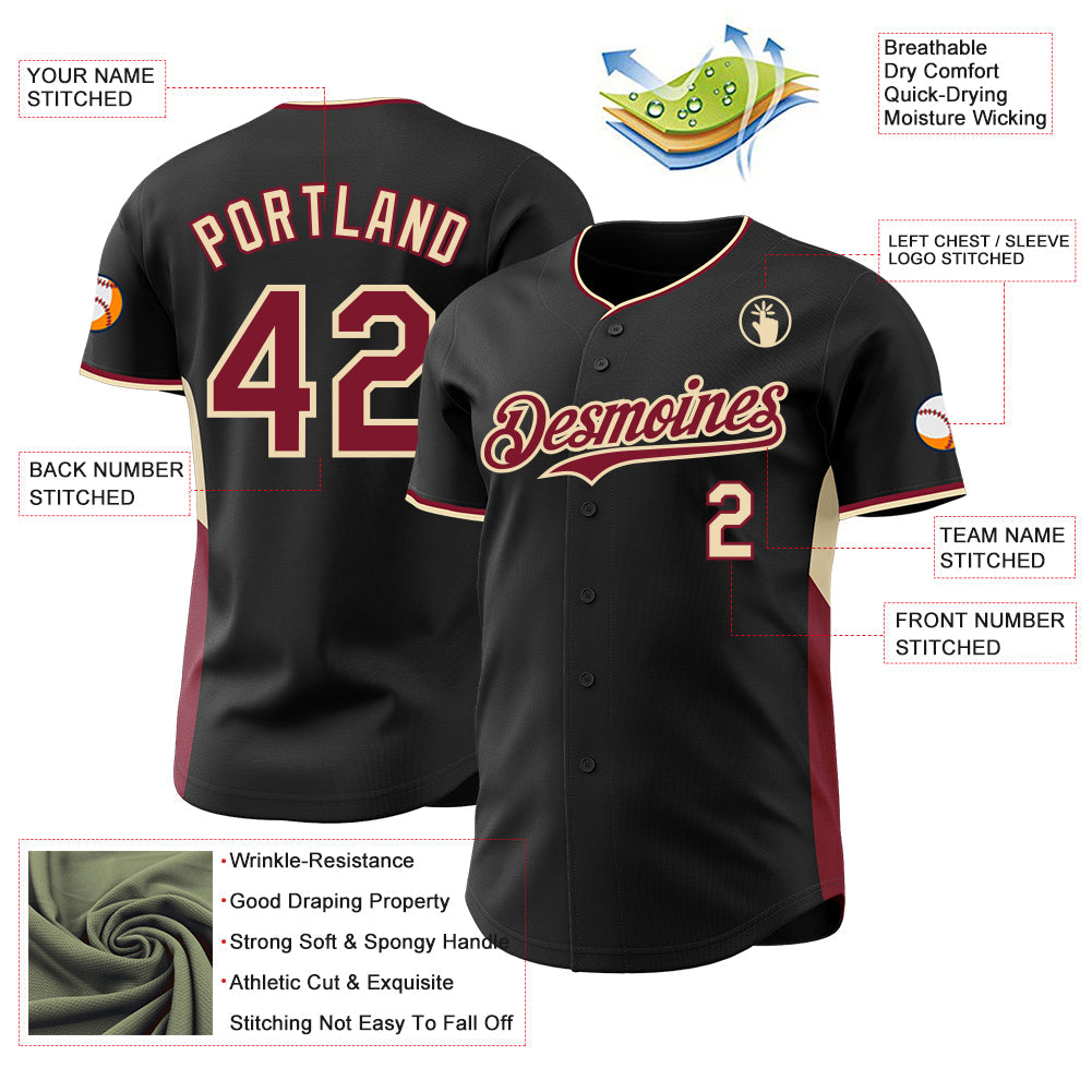 Custom Black Crimson-Cream Classic Color Block Side Panel Stripe Authentic Baseball Jersey view 3