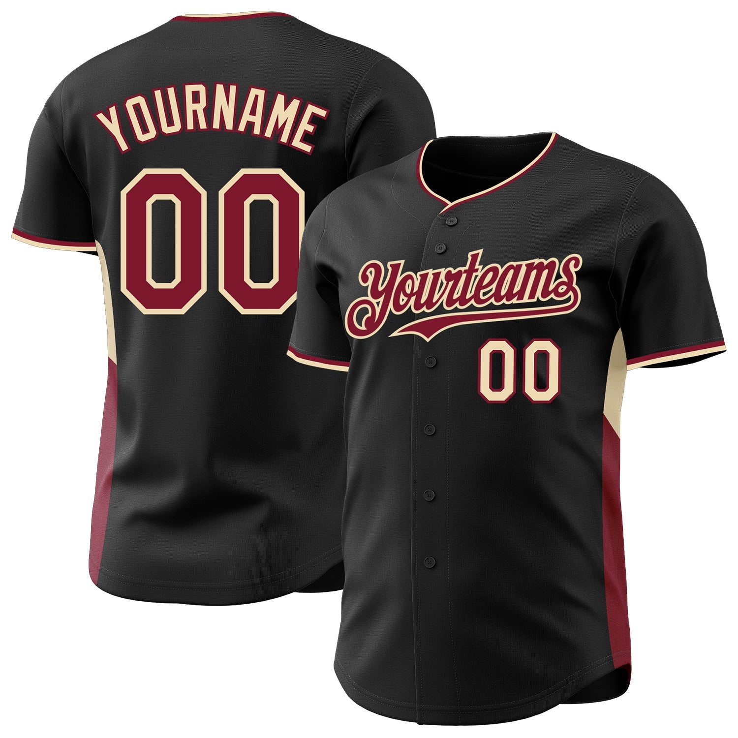 Custom Black Crimson-Cream Classic Color Block Side Panel Stripe Authentic Baseball Jersey - Main View