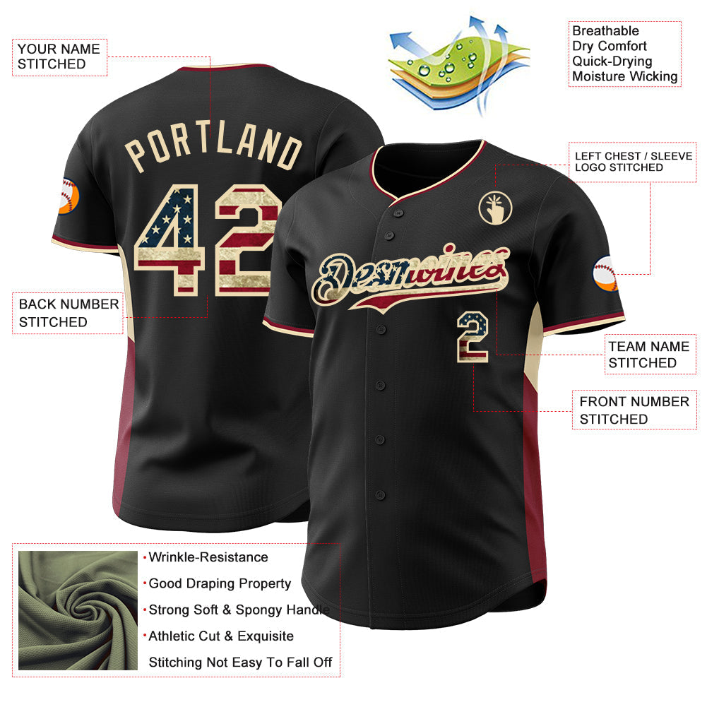 Custom Black Vintage USA Flag Cream-Crimson Classic Color Block Side Panel Stripe Authentic Baseball Jersey view 3