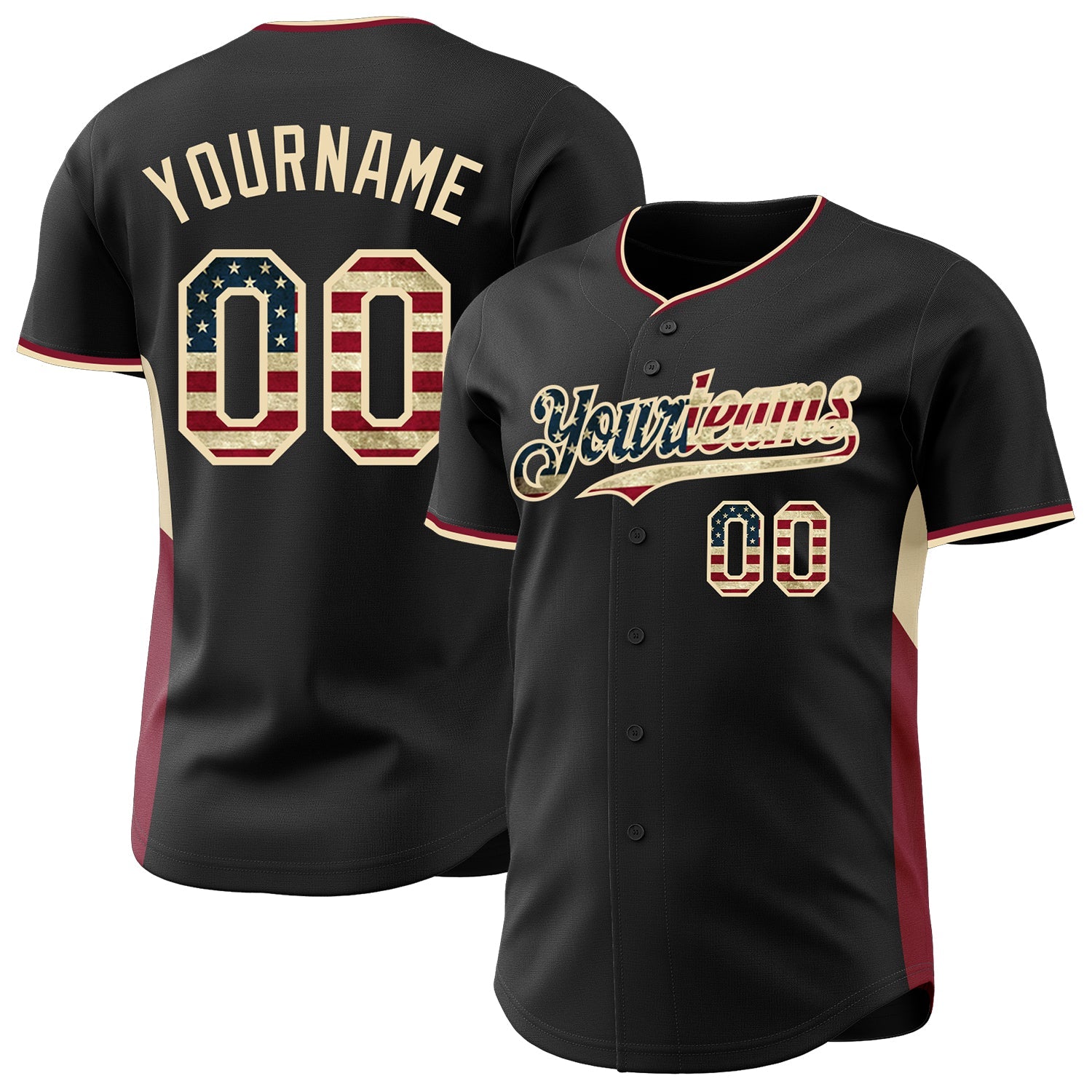 Custom Black Vintage USA Flag Cream-Crimson Classic Color Block Side Panel Stripe Authentic Baseball Jersey - Main View