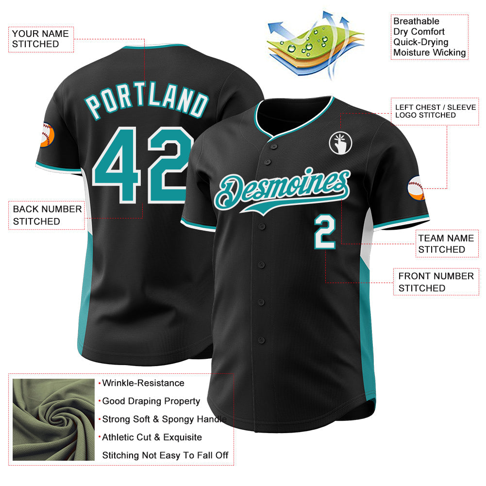 Custom Black Teal-White Classic Color Block Side Panel Stripe Authentic Baseball Jersey view 3