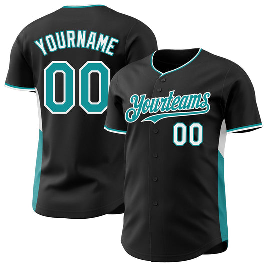 Custom Black Teal-White Classic Color Block Side Panel Stripe Authentic Baseball Jersey - Main View