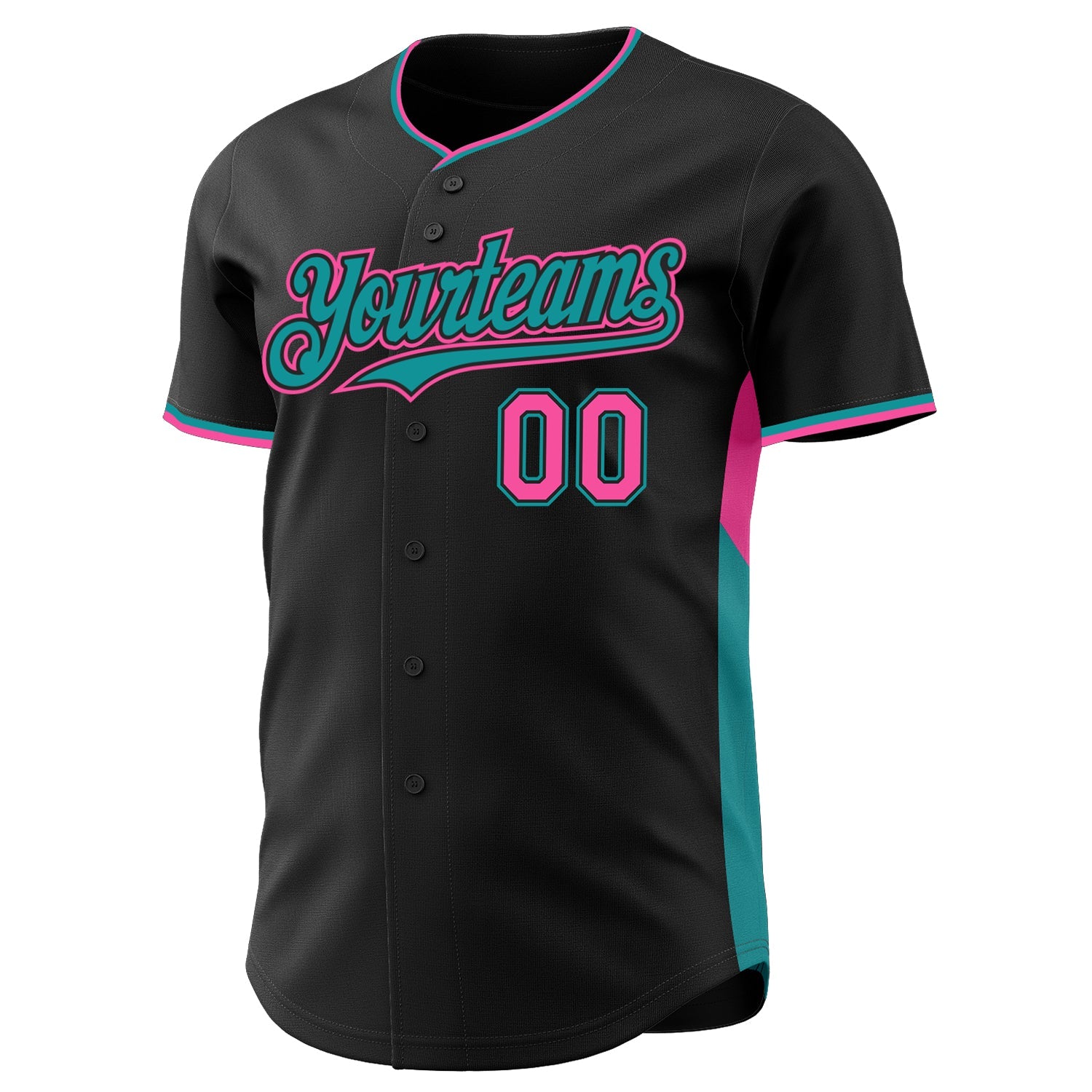 Custom Black Pink-Teal Classic Color Block Side Panel Stripe Authentic Baseball Jersey view 2