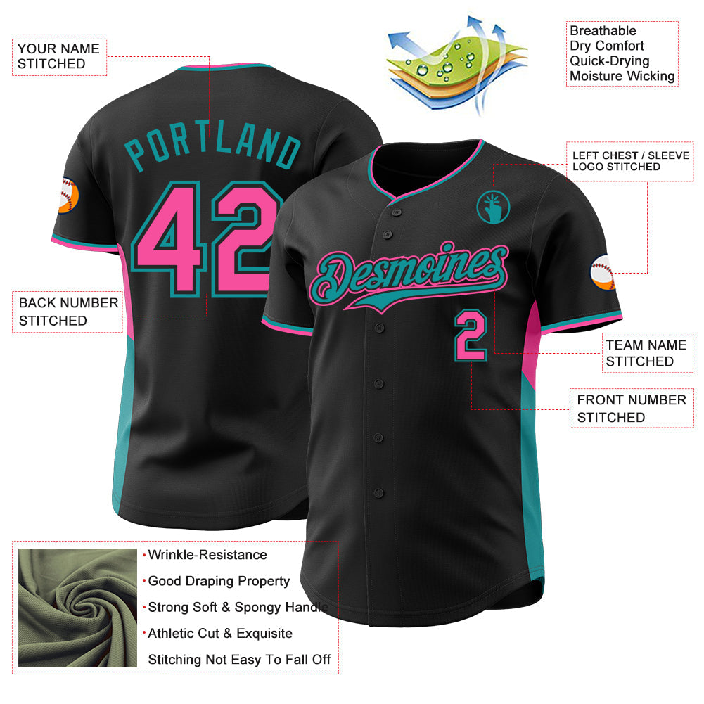 Custom Black Pink-Teal Classic Color Block Side Panel Stripe Authentic Baseball Jersey view 3