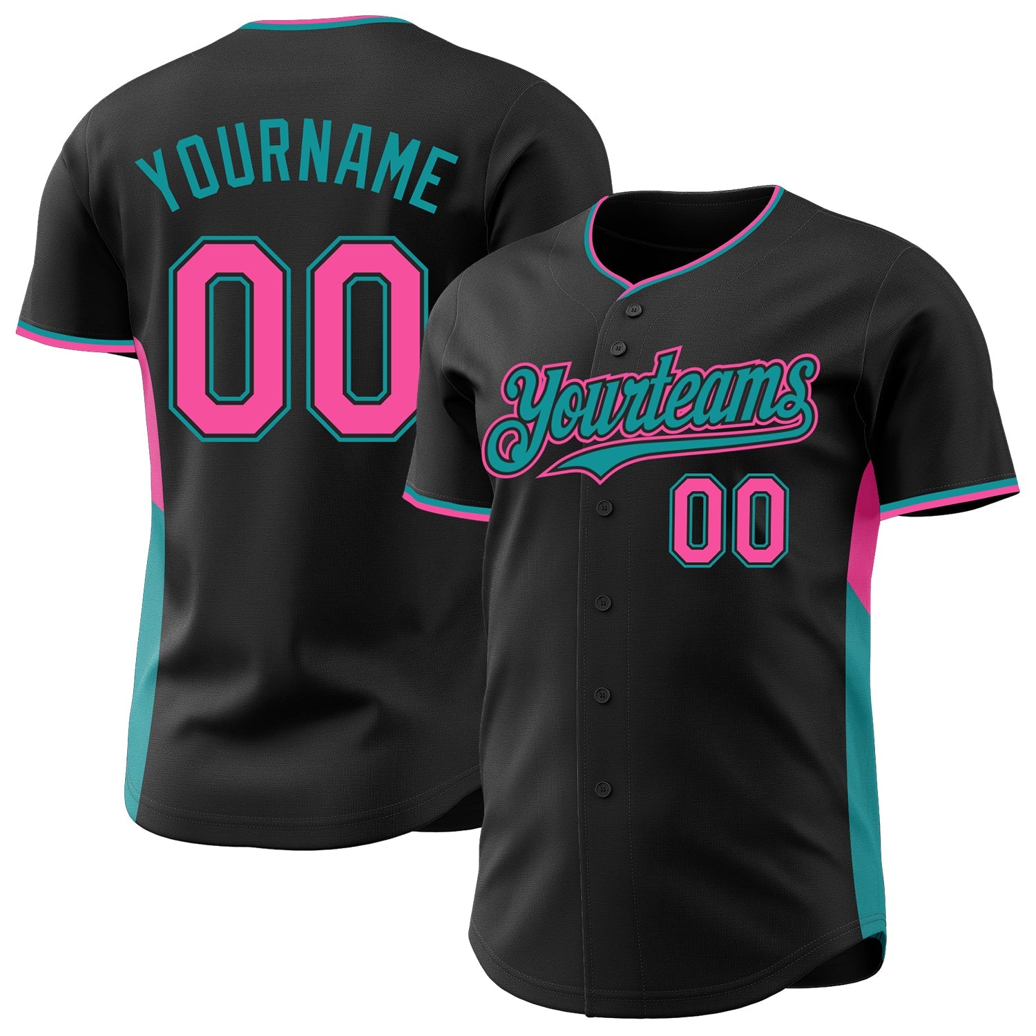 Custom Black Pink-Teal Classic Color Block Side Panel Stripe Authentic Baseball Jersey - Main View