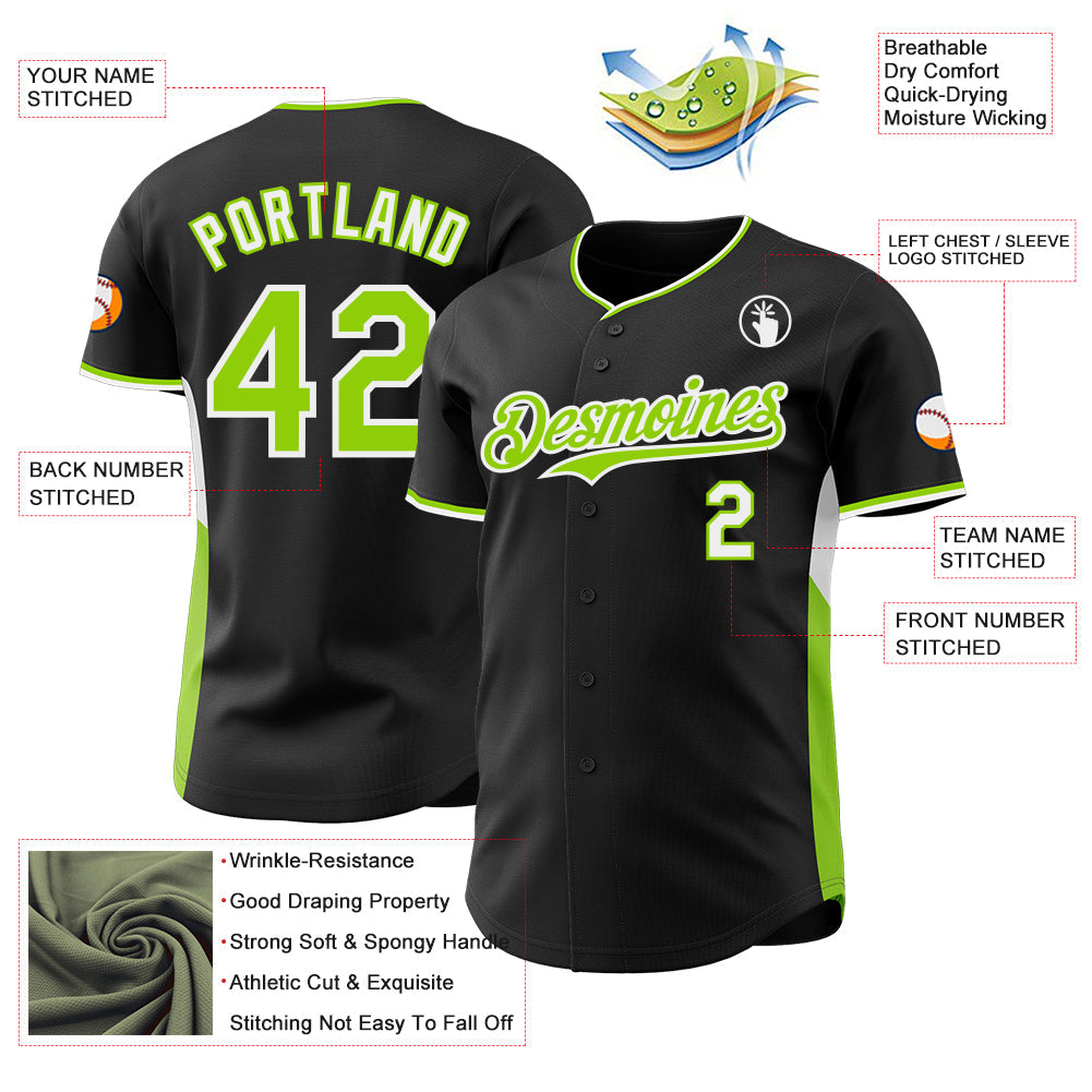 Custom Black Neon Green-White Classic Color Block Side Panel Stripe Authentic Baseball Jersey view 3