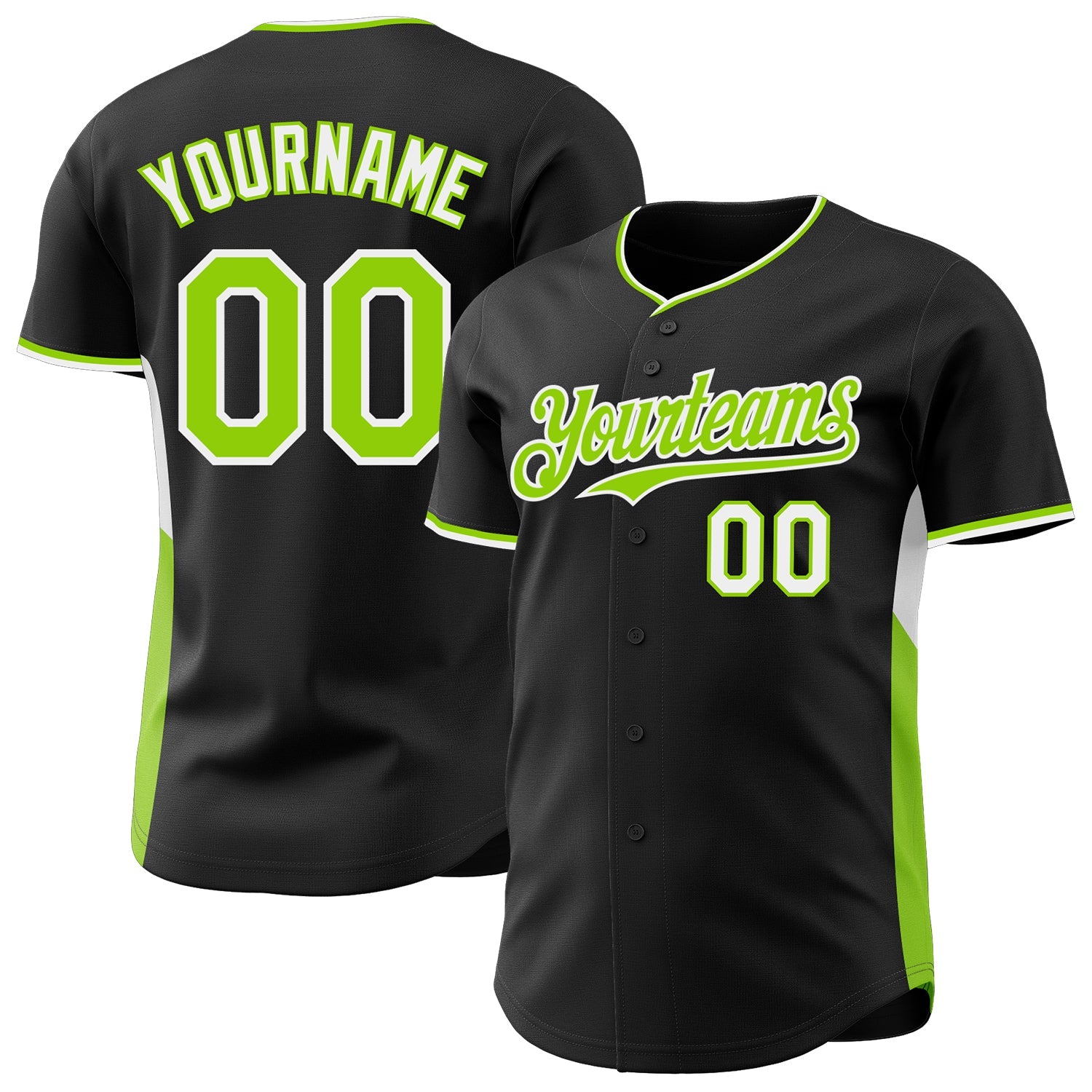 Custom Black Neon Green-White Classic Color Block Side Panel Stripe Authentic Baseball Jersey - Main View