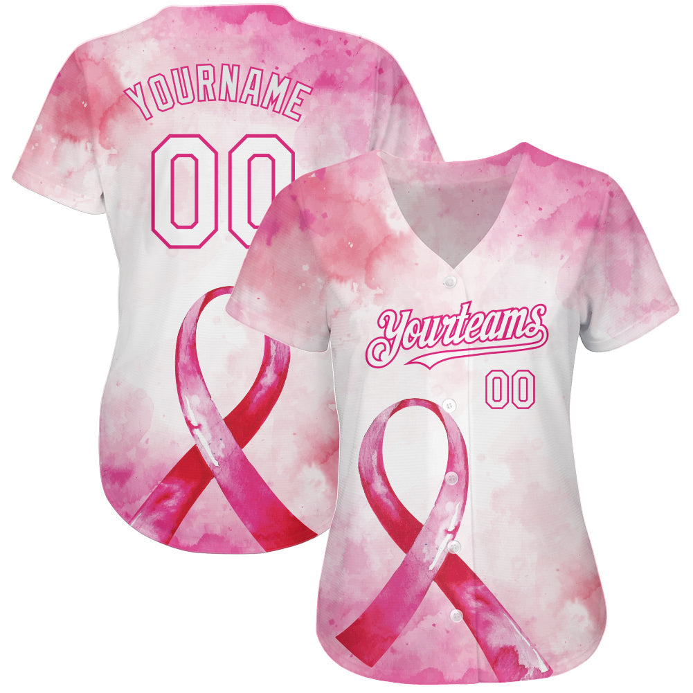 Custom Pink White-Hot Pink 3D Pink Ribbon Breast Cancer Awareness Month Women Health Care Support Authentic Baseball Jersey view 2