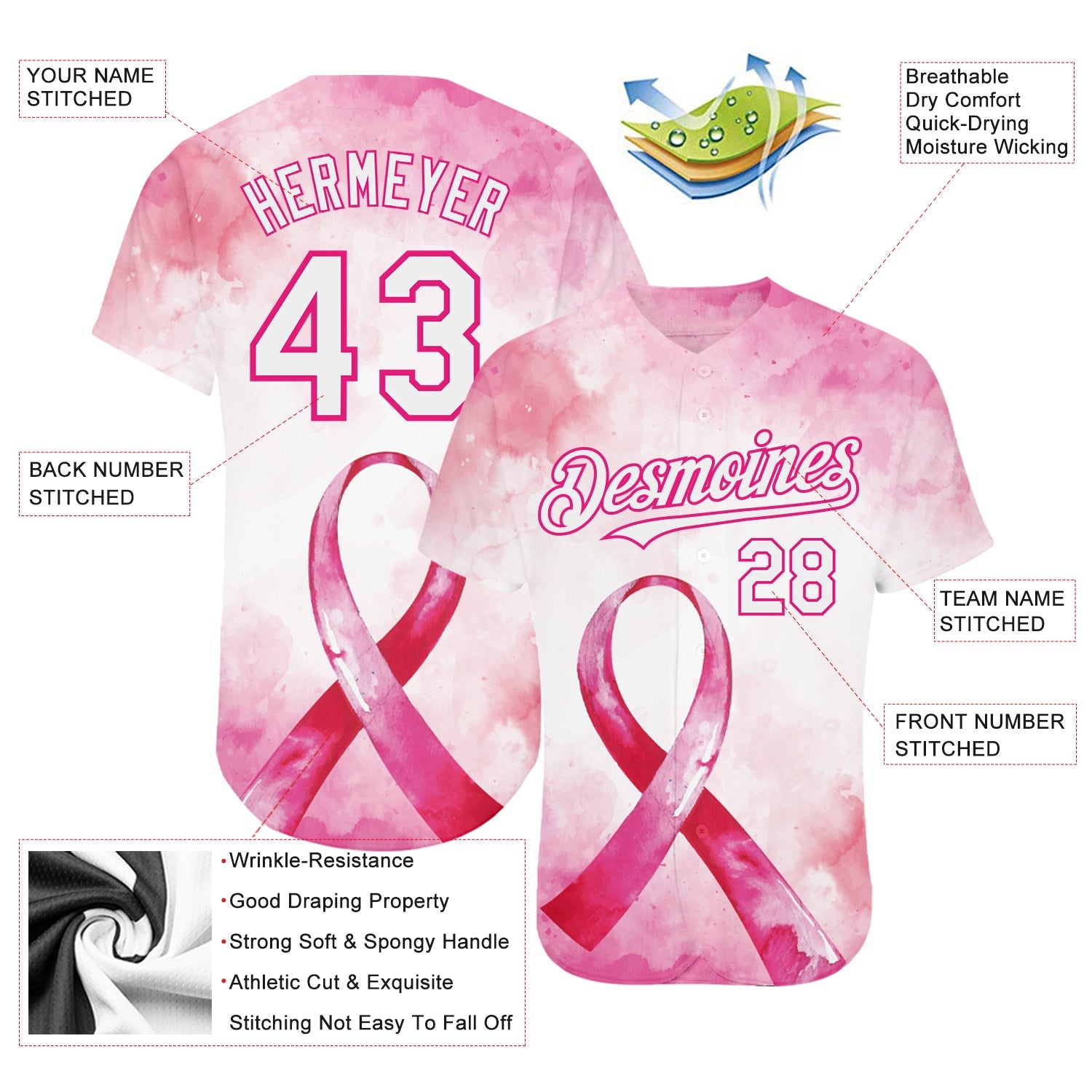 Custom Pink White-Hot Pink 3D Pink Ribbon Breast Cancer Awareness Month Women Health Care Support Authentic Baseball Jersey view 3