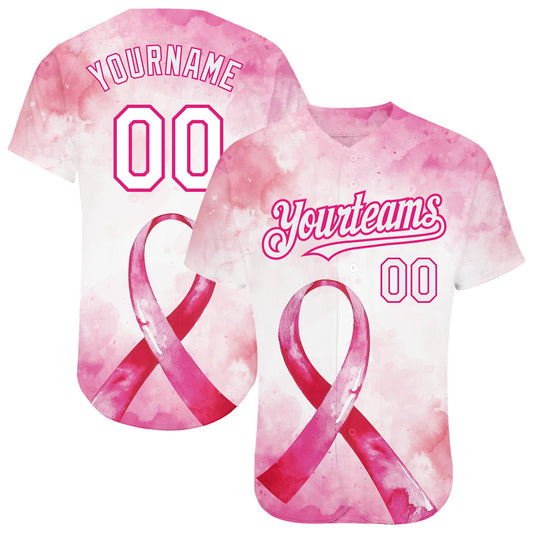 Custom Pink White-Hot Pink 3D Pink Ribbon Breast Cancer Awareness Month Women Health Care Support Authentic Baseball Jersey - Main View