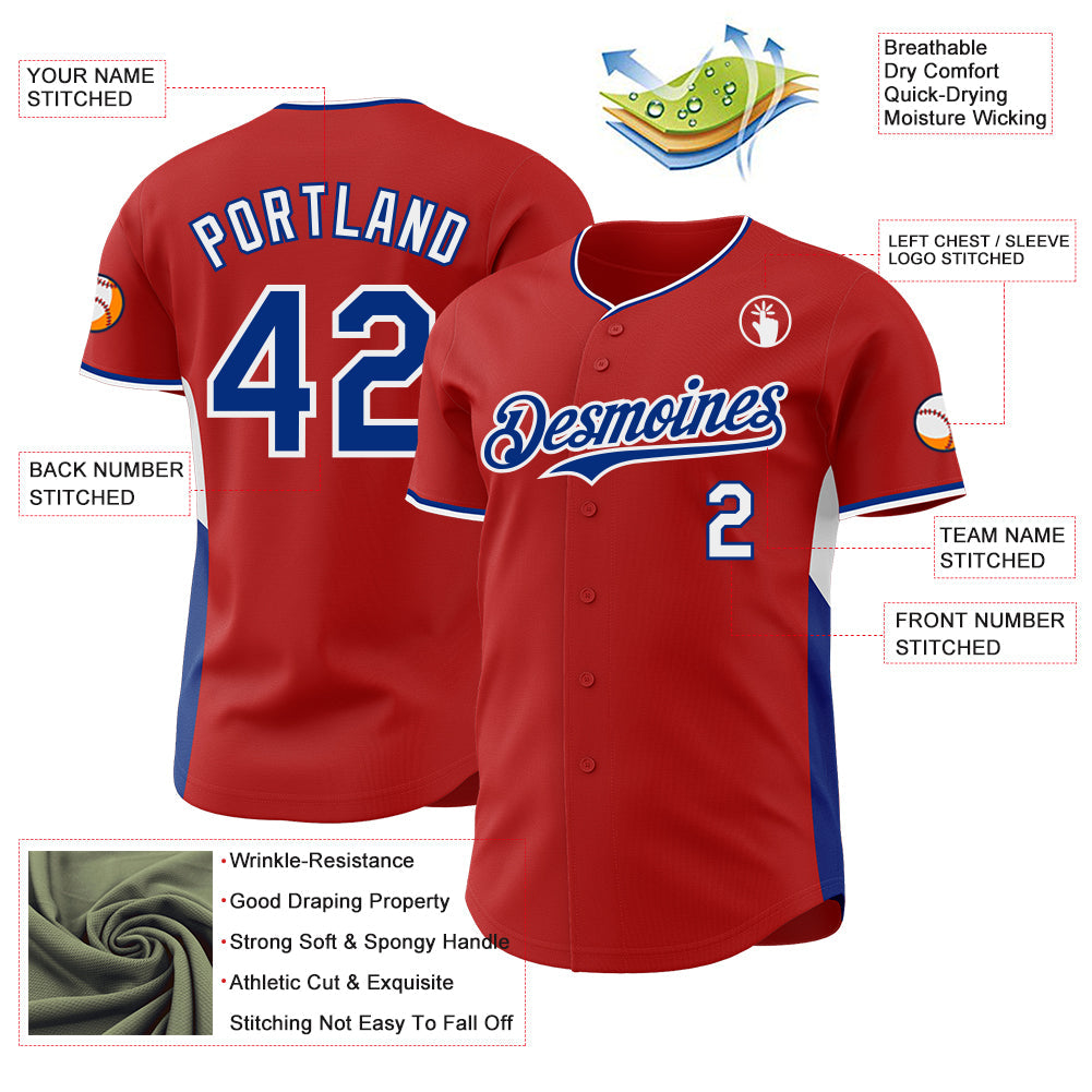 Custom Red Royal-White Classic Color Block Side Panel Stripe Authentic Baseball Jersey view 3