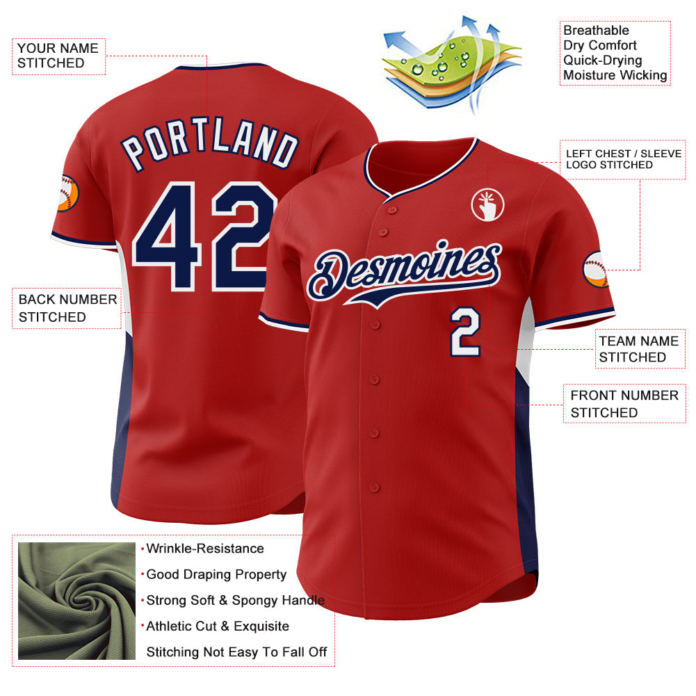 Custom Red Navy-White Classic Color Block Side Panel Stripe Authentic Baseball Jersey view 3