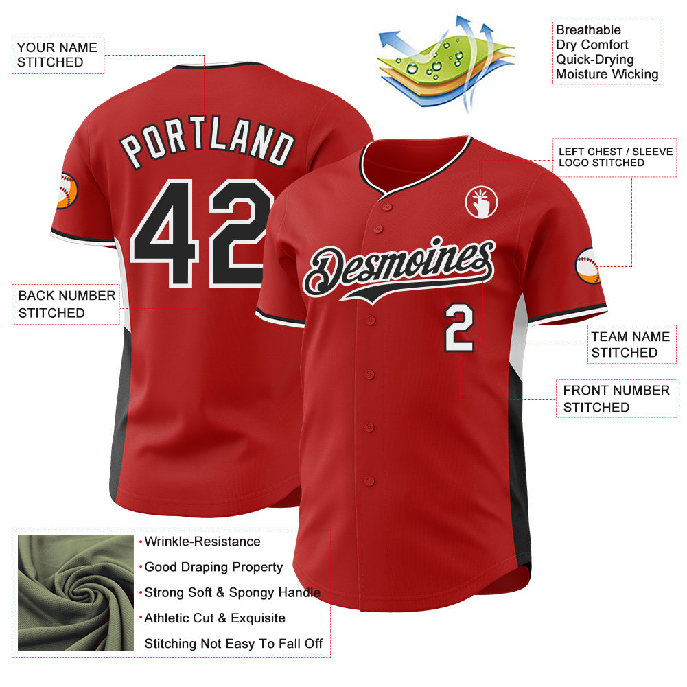 Custom Red Black-White Classic Color Block Side Panel Stripe Authentic Baseball Jersey view 3