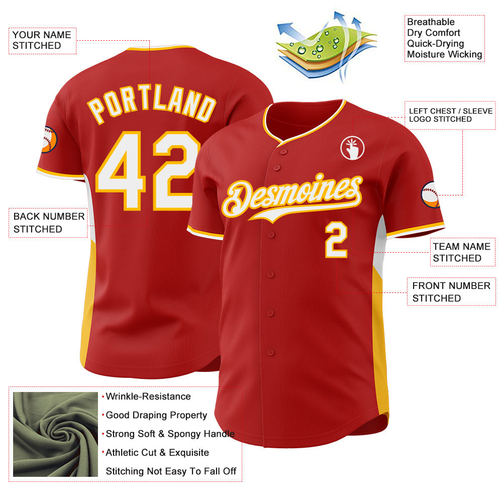 Custom Red White-Gold Classic Color Block Side Panel Stripe Authentic Baseball Jersey view 3
