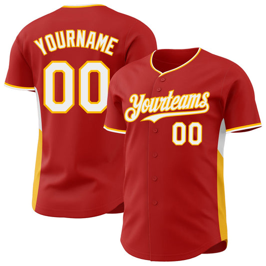 Custom Red White-Gold Classic Color Block Side Panel Stripe Authentic Baseball Jersey - Main View