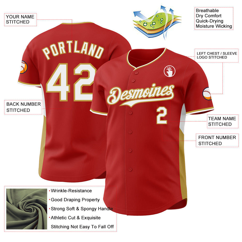 Custom Red White-Old Gold Classic Color Block Side Panel Stripe Authentic Baseball Jersey view 3