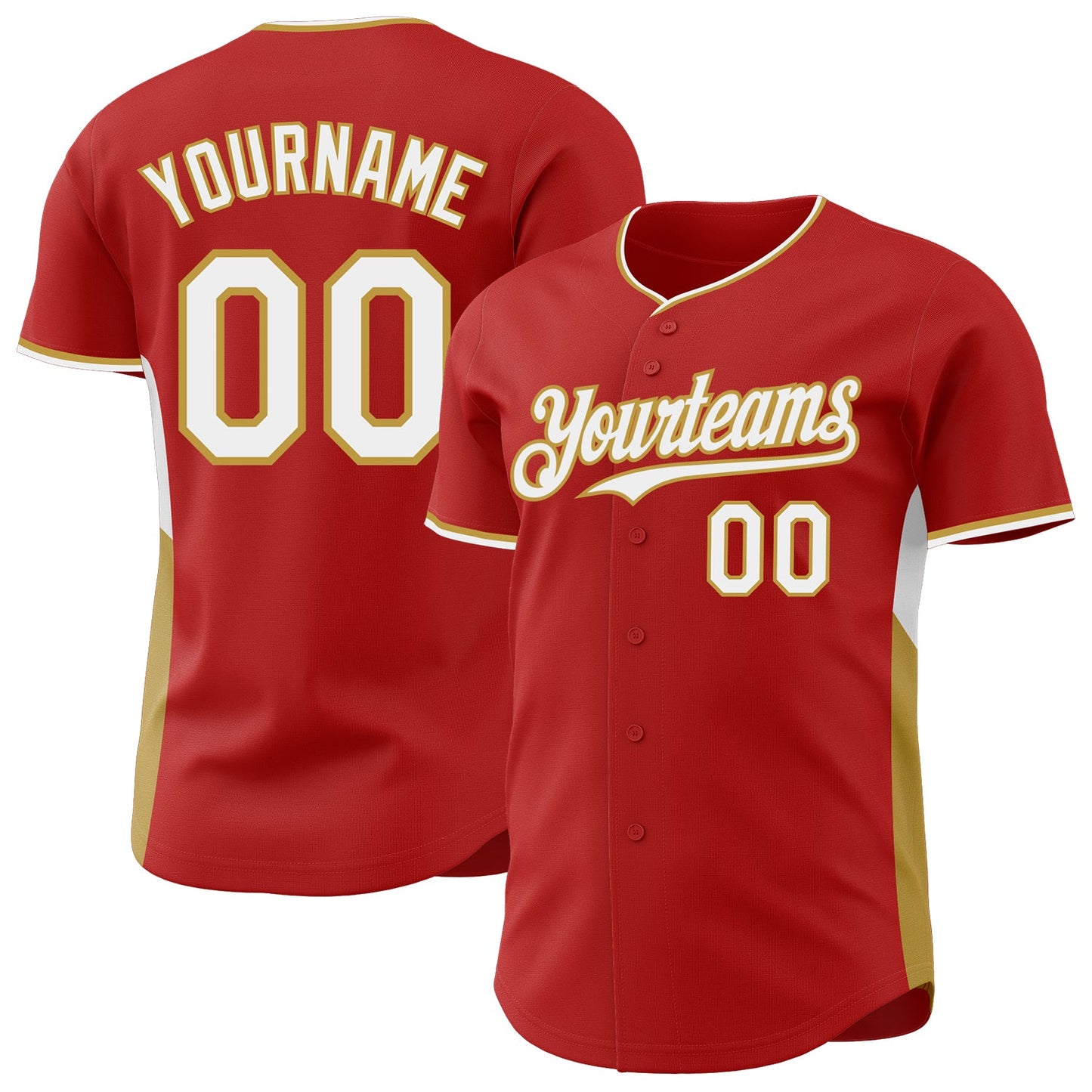 Custom Red White-Old Gold Classic Color Block Side Panel Stripe Authentic Baseball Jersey - Main View