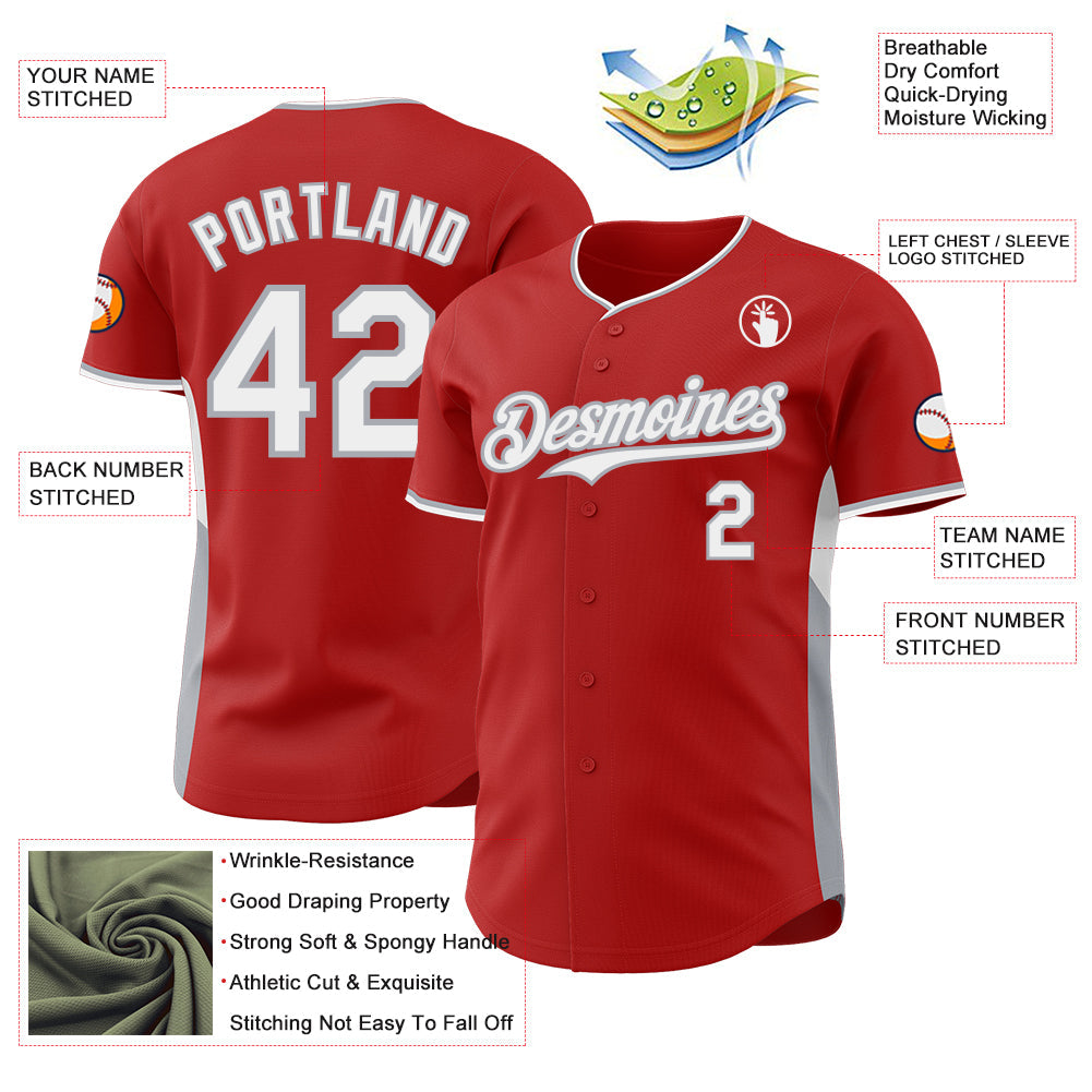 Custom Red White-Gray Classic Color Block Side Panel Stripe Authentic Baseball Jersey view 3