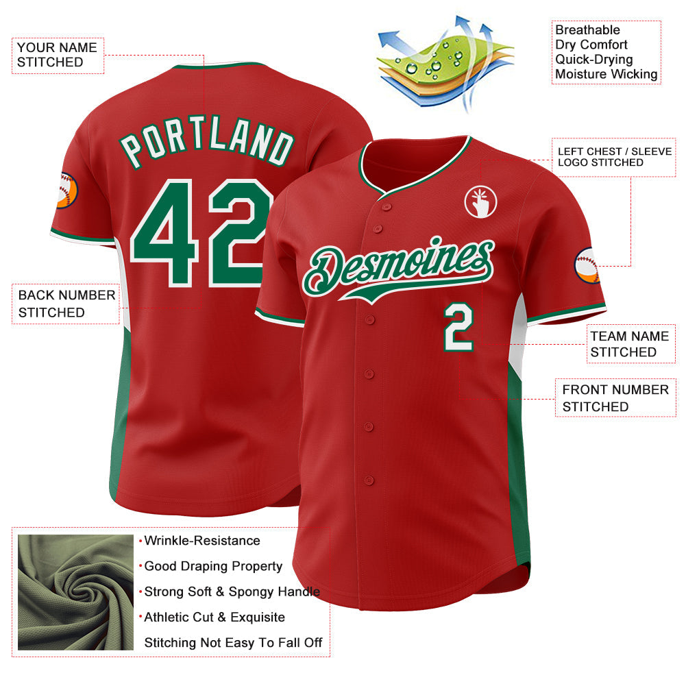 Custom Red Kelly Green-White Classic Color Block Side Panel Stripe Authentic Baseball Jersey view 3