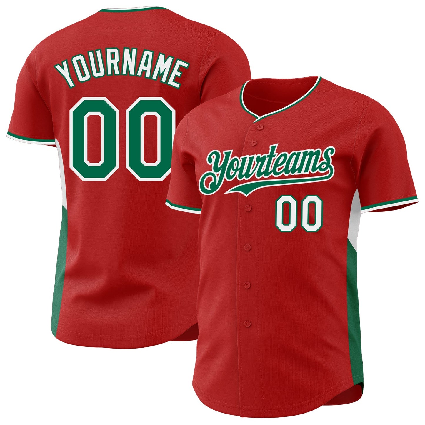 Custom Red Kelly Green-White Classic Color Block Side Panel Stripe Authentic Baseball Jersey - Main View
