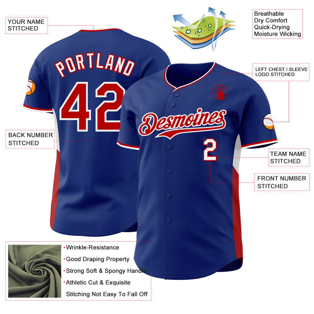 Custom Royal Red-White Classic Color Block Side Panel Stripe Authentic Baseball Jersey view 3