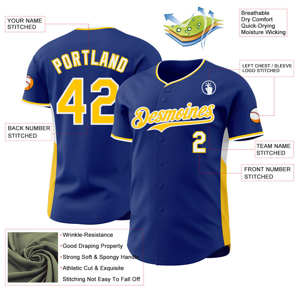 Custom Royal Yellow-White Classic Color Block Side Panel Stripe Authentic Baseball Jersey view 3