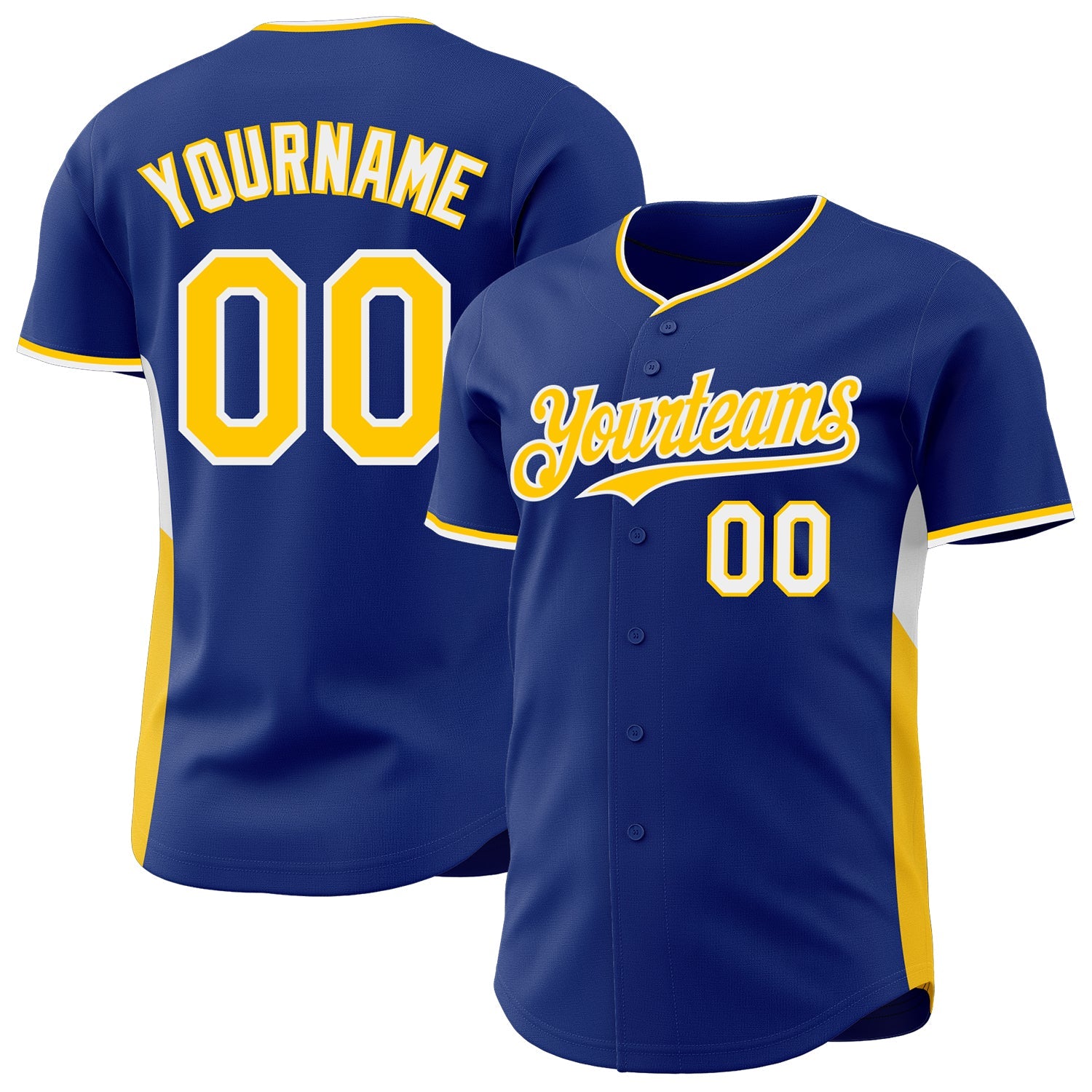 Custom Royal Yellow-White Classic Color Block Side Panel Stripe Authentic Baseball Jersey - Main View