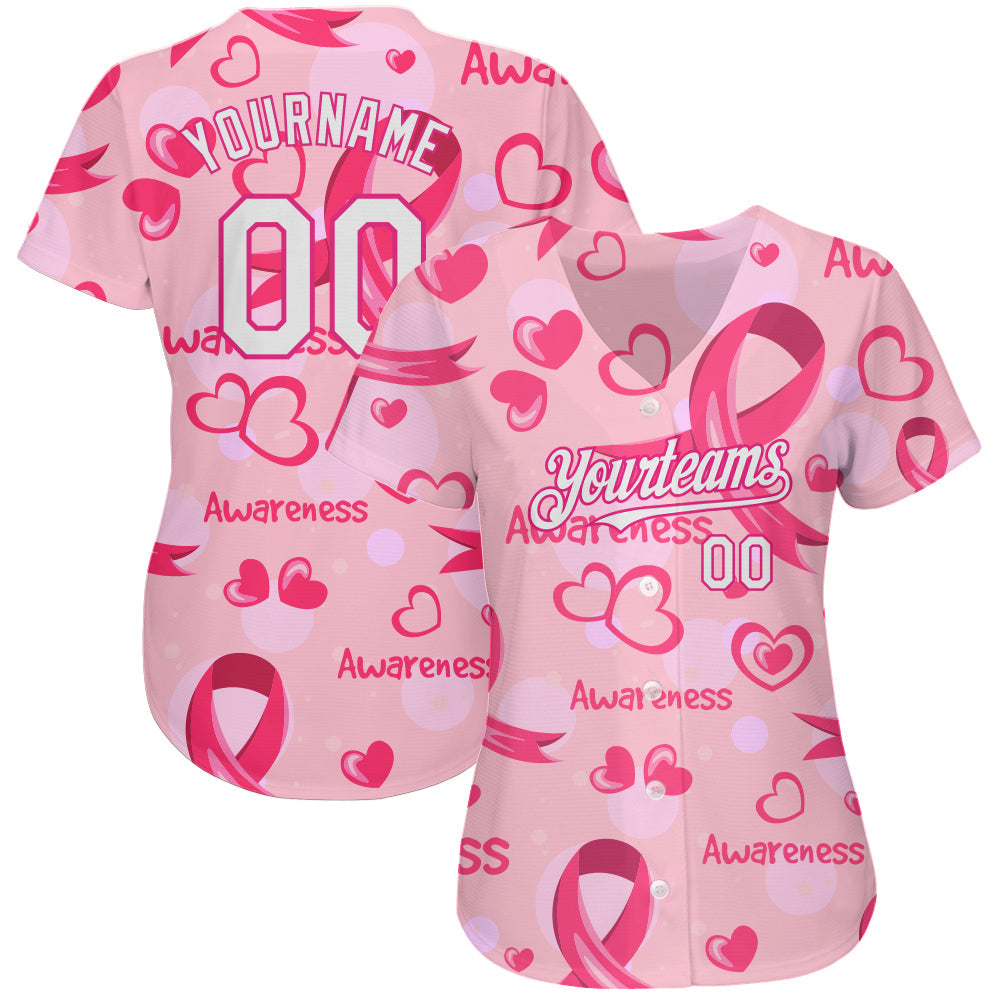 Custom Pink White-Hot Pink 3D Pink Ribbon Breast Cancer Awareness Month Women Health Care Support Authentic Baseball Jersey view 2