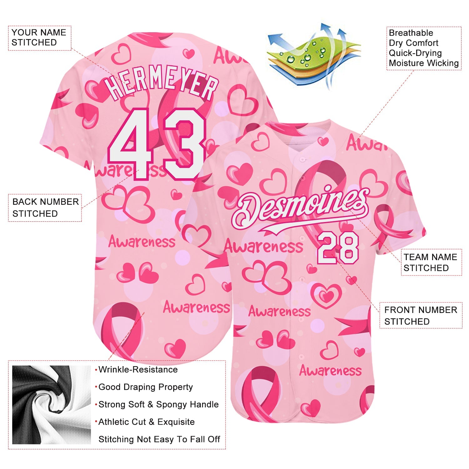 Custom Pink White-Hot Pink 3D Pink Ribbon Breast Cancer Awareness Month Women Health Care Support Authentic Baseball Jersey view 3