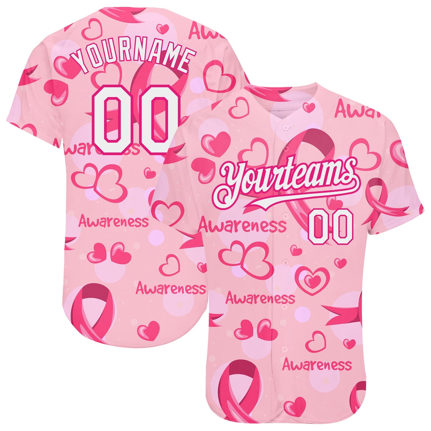 Custom Pink White-Hot Pink 3D Pink Ribbon Breast Cancer Awareness Month Women Health Care Support Authentic Baseball Jersey - Main View
