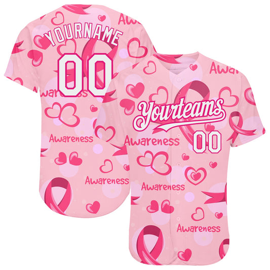 Custom Pink White-Hot Pink 3D Pink Ribbon Breast Cancer Awareness Month Women Health Care Support Authentic Baseball Jersey - Main View