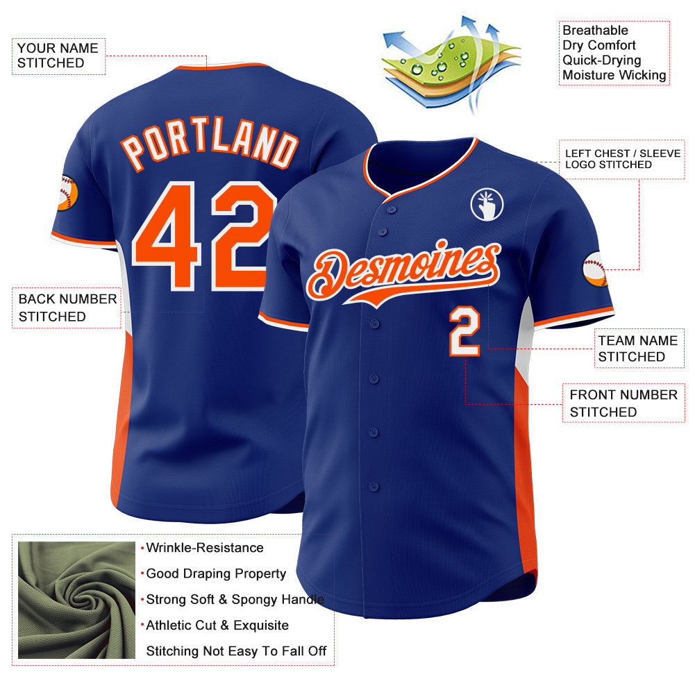 Custom Royal Orange-White Classic Color Block Side Panel Stripe Authentic Baseball Jersey view 3
