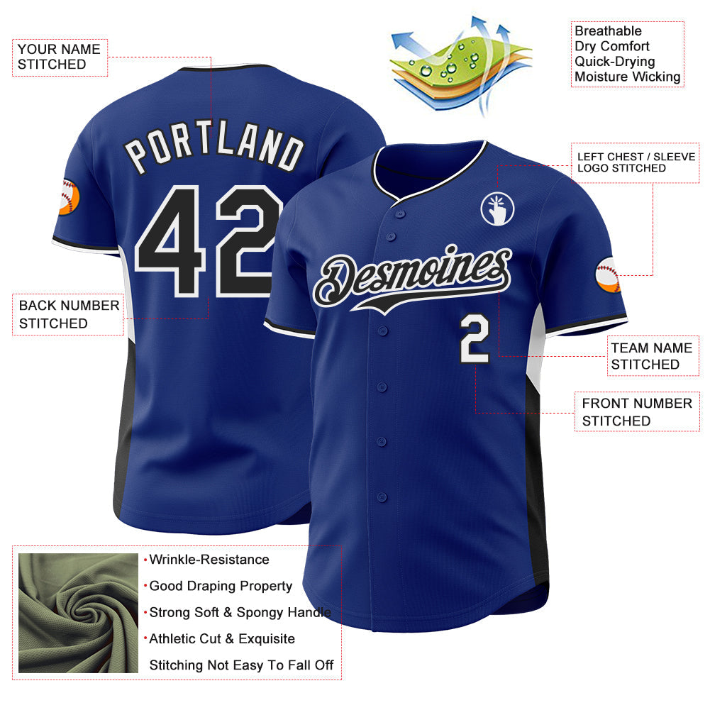 Custom Royal Black-White Classic Color Block Side Panel Stripe Authentic Baseball Jersey view 3