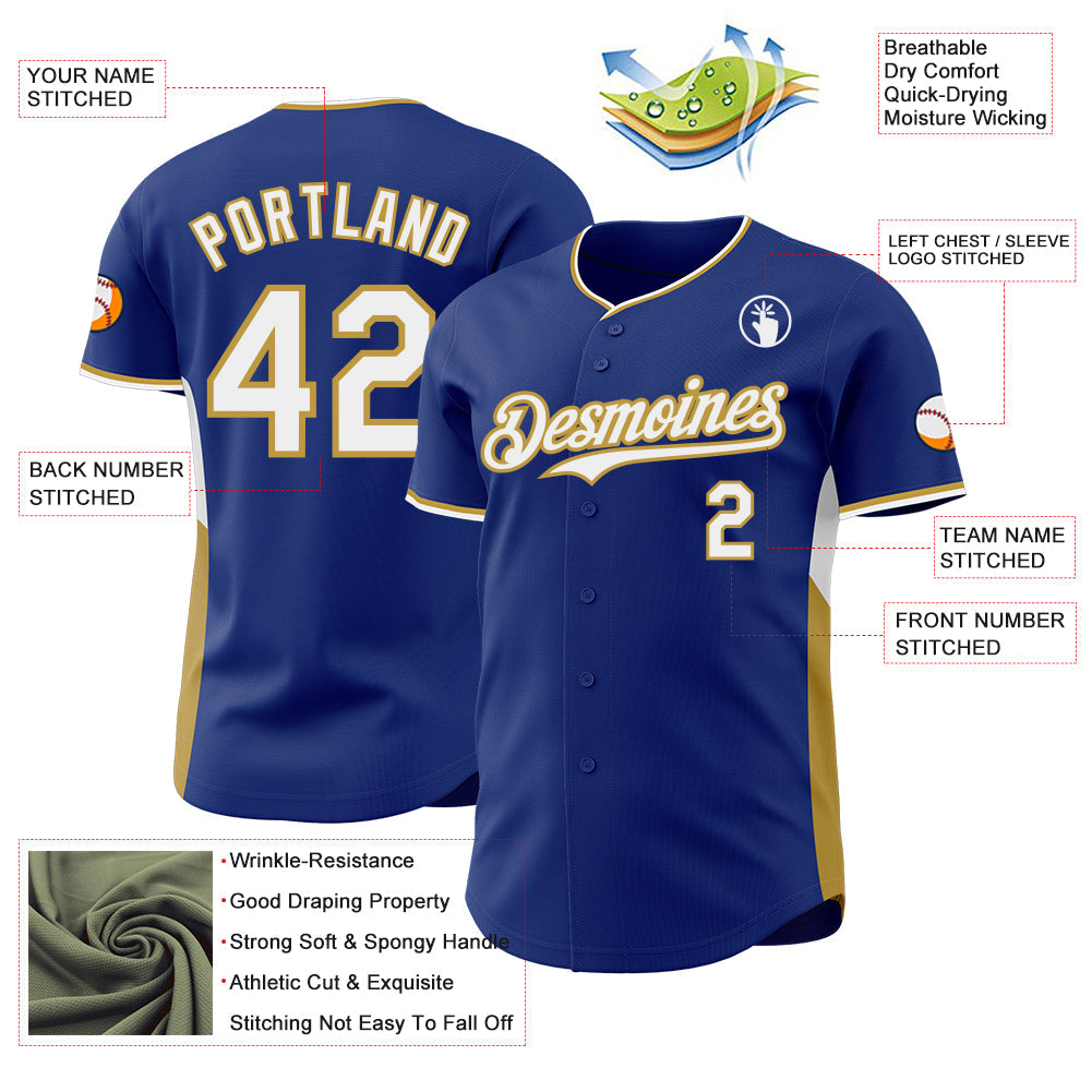 Custom Royal White-Old Gold Classic Color Block Side Panel Stripe Authentic Baseball Jersey view 3