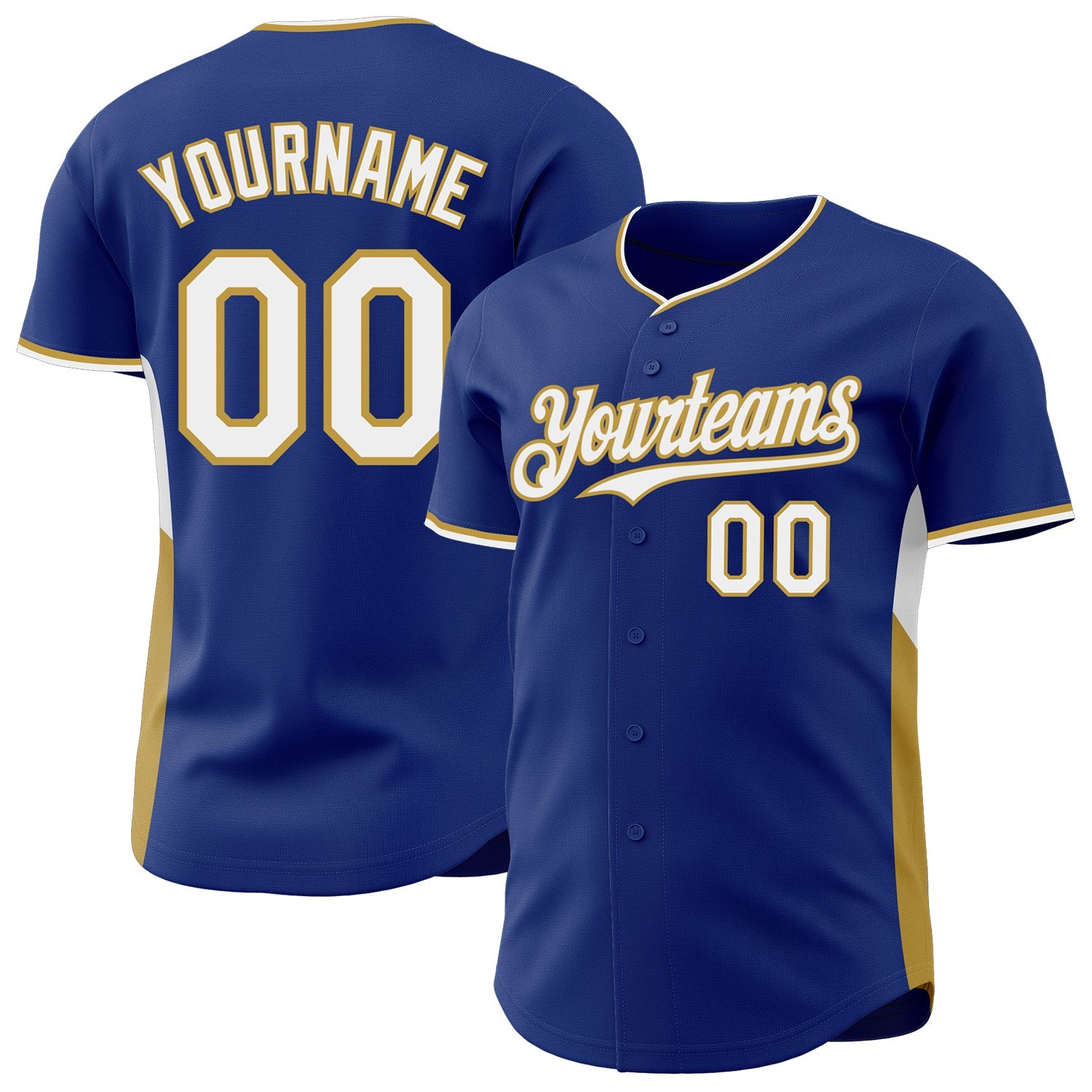 Custom Royal White-Old Gold Classic Color Block Side Panel Stripe Authentic Baseball Jersey - Main View