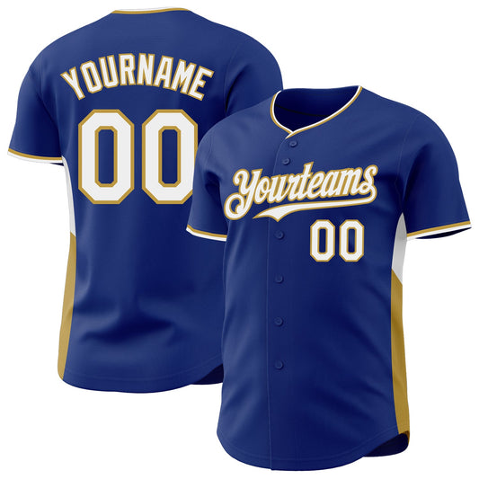 Custom Royal White-Old Gold Classic Color Block Side Panel Stripe Authentic Baseball Jersey - Main View