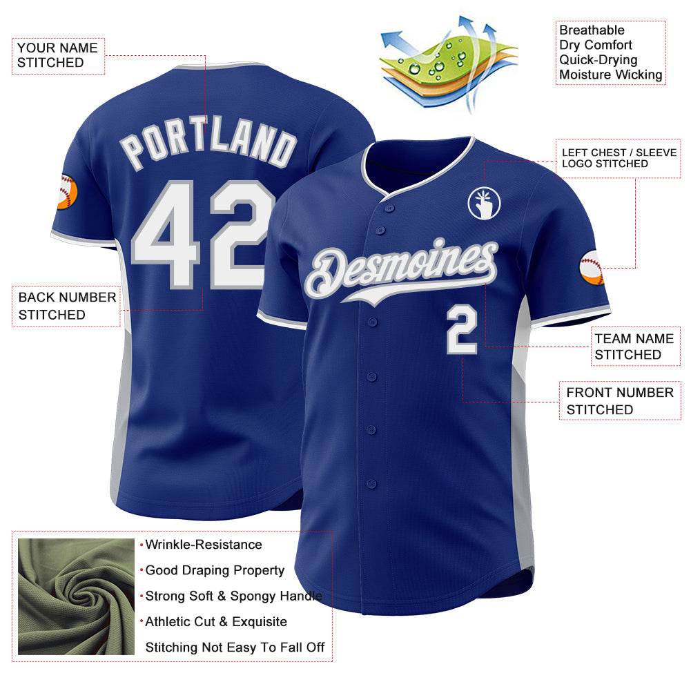 Custom Royal White-Gray Classic Color Block Side Panel Stripe Authentic Baseball Jersey view 3