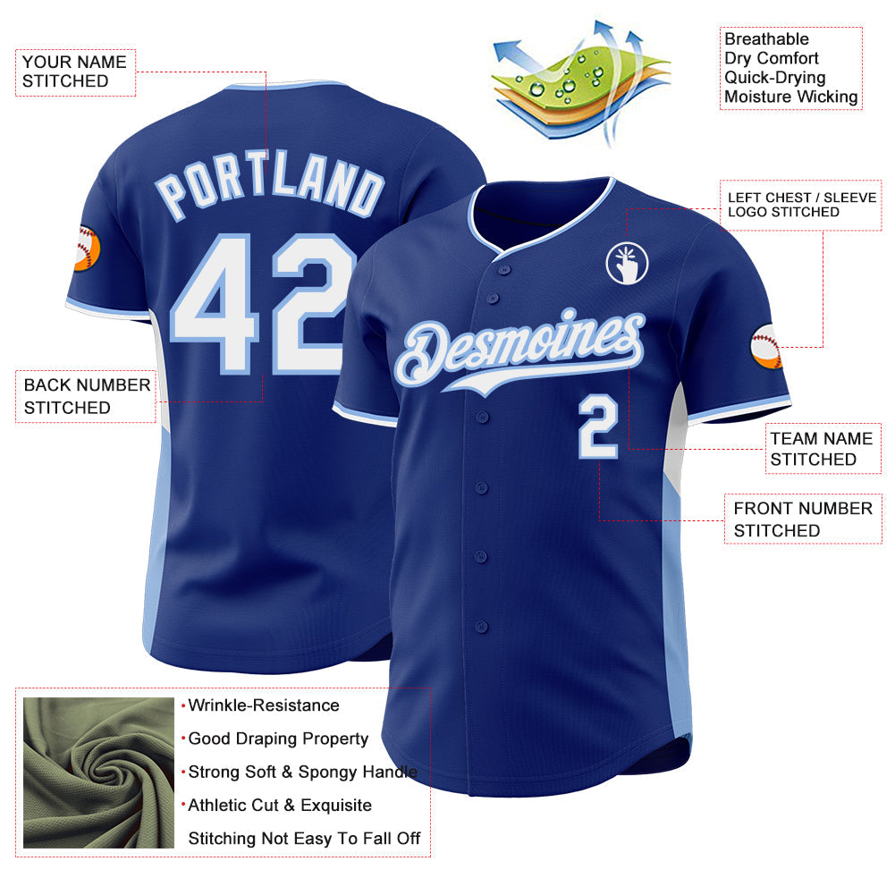 Custom Royal White-Light Blue Classic Color Block Side Panel Stripe Authentic Baseball Jersey view 3