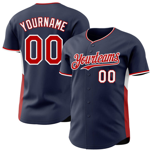 Custom Navy Red-White Classic Color Block Side Panel Stripe Authentic Baseball Jersey - Main View